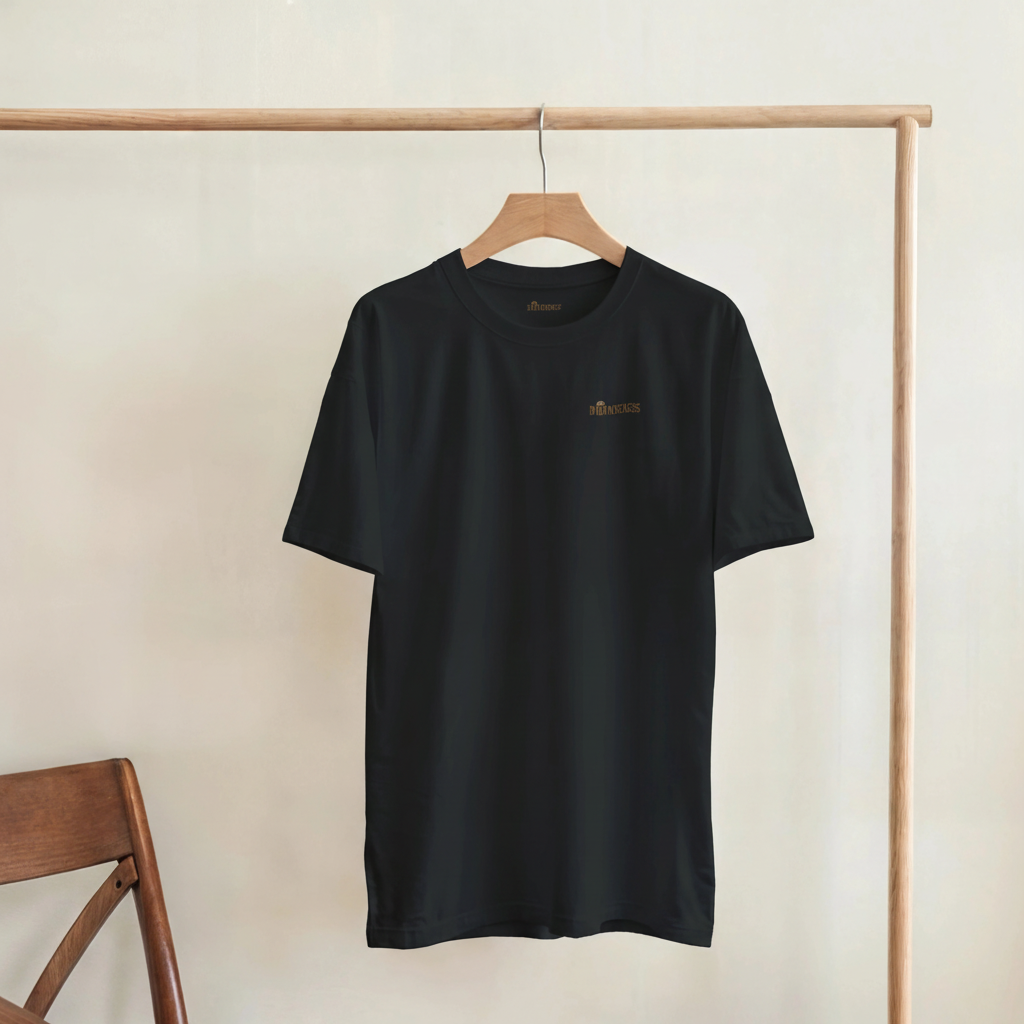 Vue de face du T-shirt Rivières & Falaises couleur Black sur fond studio gris chaud uniforme